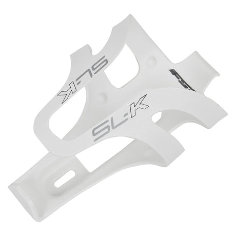 FSA SL-K Bottle Cage: A sleek, white plastic holder designed to securely fit and hold bike bottles, featuring a minimalist design and durable stainless steel hardware.