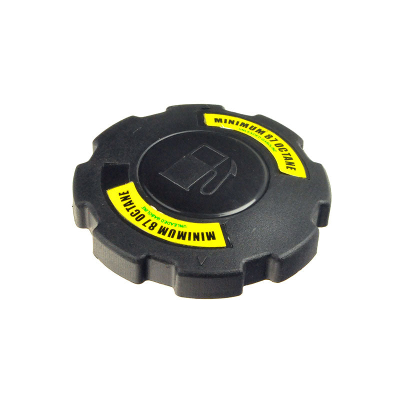 Fuel Cap for Motovox MGK10, MGK11, and MGK12 Go Karts displayed as a black circular object with yellow text, showing a close-up of the cap with a yellow and black label.