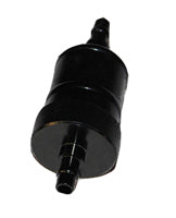 Universal In-Line Aluminum Fuel Filter - Black featuring a black anodized aluminum body, suitable for scooters, ATVs, dirt bikes, motorcycles, go-karts, and dune buggies.