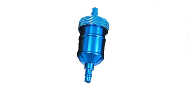 Universal In-Line Aluminum Fuel Filter - Blue, featuring a cylindrical metal design, ideal for scooters, ATVs, motorcycles, and other vehicles.