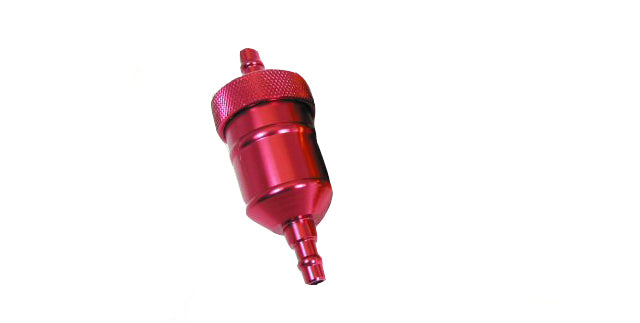 Universal In-Line Aluminum Fuel Filter - Red, shown as a close-up of a red metal component, designed for scooters, ATVs, dirt bikes, motorcycles, go-karts, and dune buggies.