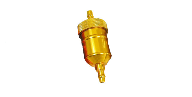 Close-up view of the Universal In-Line Aluminum Fuel Filter - Yellow, showcasing its detailed anodized aluminum structure designed for scooters, ATVs, dirt bikes, motorcycles, go-karts, and dune buggies.