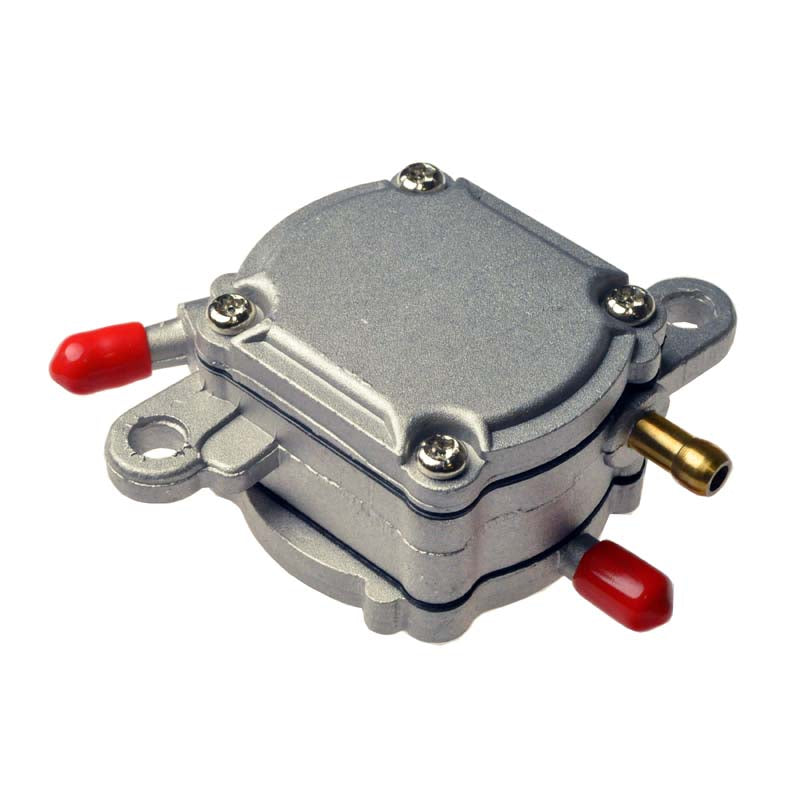 Fuel Pump for 50cc-150cc QMB139/GY6 Gas Go-Karts, featuring a silver metal body with red handles, shown with fuel filter and hose for external mounting.