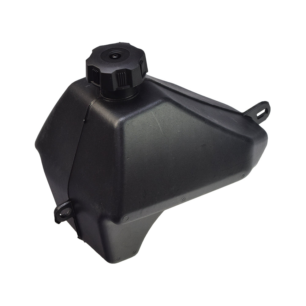 Black Plastic Fuel Tank for Baja 50cc ATVs, featuring a sleek black plastic container with a matching black cap. Suitable for various Chinese ATVs and adaptable for custom builds.