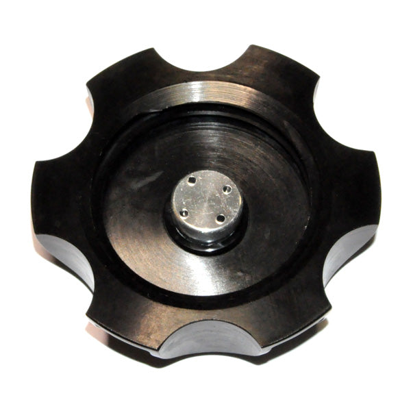 Black Anodized Aluminum Fuel Tank Cap for 150cc-250cc ATVs & Dirt Bikes, featuring a precision-machined gear-like design with a round central hole, compatible with various models including Baja Xmoto Extreme X250.