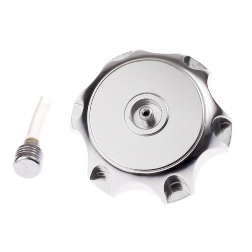 Polished Aluminum Fuel Tank Cap (Gas Cap) for 150cc-250cc ATVs & Dirt Bikes, featuring a cylindrical design with a smooth silver finish and a circular top.