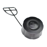 Universal Gas Cap with a handle and an attached black cord, featuring a fly-swatter shaped piece that prevents misplacement. Compatible with various 2-stroke and 4-stroke gas engines.