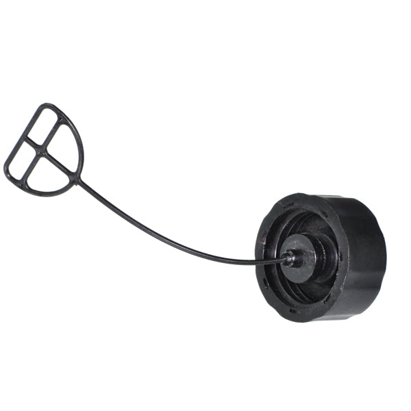 Universal Gas Cap with an attached wire, featuring a distinctive fly-swatter shaped piece to prevent misplacement. Compatible with various 2-stroke and 4-stroke gas engines.