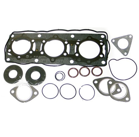 Full Gasket Set for Arctic Cat Snowmobiles (1980-1995), featuring various gaskets and seals, including circular and triangular metal gaskets, designed for engine rebuilds with stainless steel springs for peak performance.