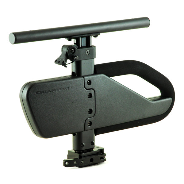 Full Length Adjustable Height Armrest Assembly for Quantum Power Chairs, featuring a sleek black design with a handle, compatible with both left and right configurations, arm pads sold separately.