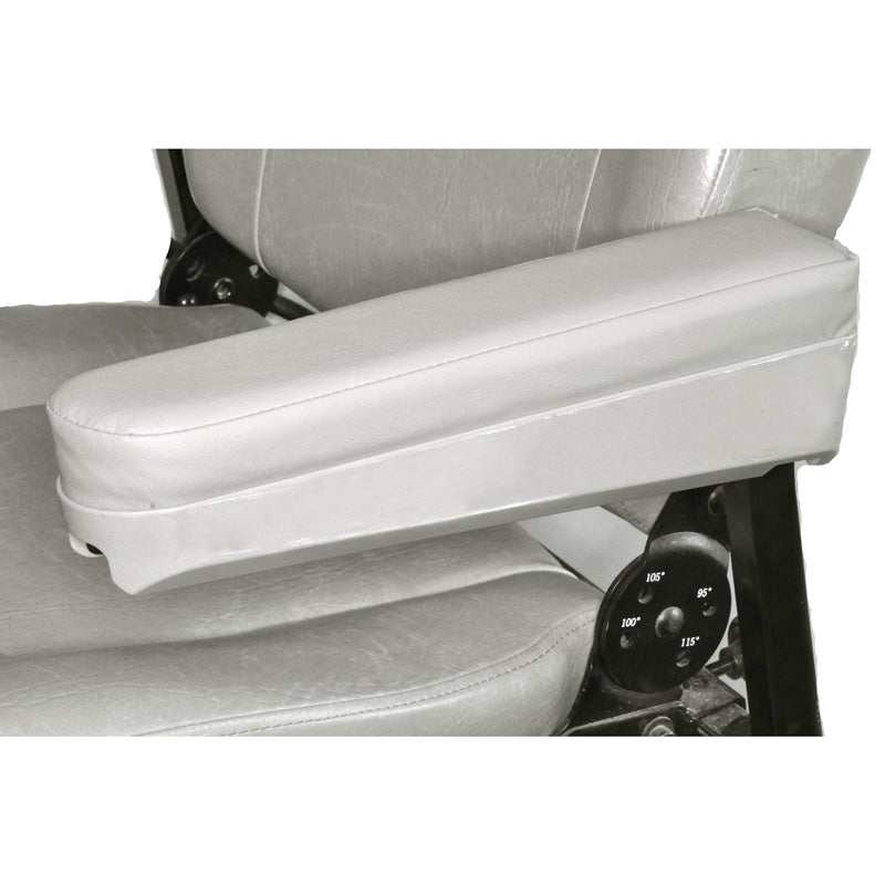 Gray Vinyl Armrest Set for Hoveround® MPV4®, MPV5® and Teknique® Power Chairs, featuring a close-up of padded vinyl armrests with precise mounting holes for easy installation.