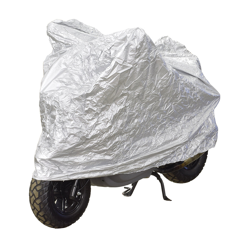 Large Weatherproof Scooter Cover protecting a full-size scooter, visibly wrapped in plastic, ensuring protection from elements like rain, snow, dust, and sun; designed for scooters without a windshield or topcase.