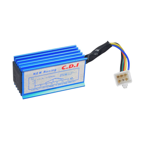 High Performance No Rev Limit CDI Module for 50cc-150cc Gas Scooters & ATVs, showing a blue electronic device with visible wires and a close-up of a 5-pin connector.