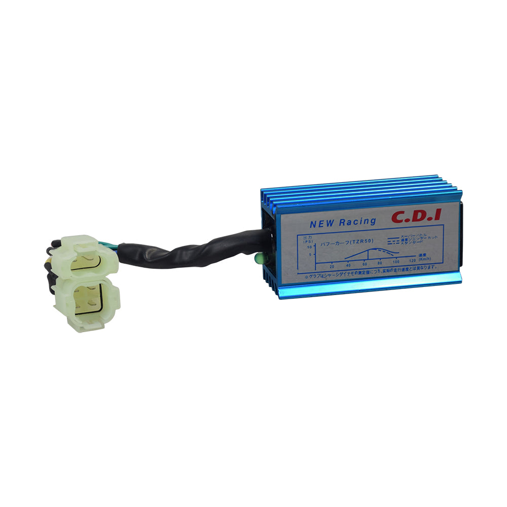 High Performance No Rev Limit CDI Module (Ignitor) for 125cc & 150cc Go-Karts (Version 1) featuring a blue box with a black wire and white label, designed for enhanced acceleration and performance.