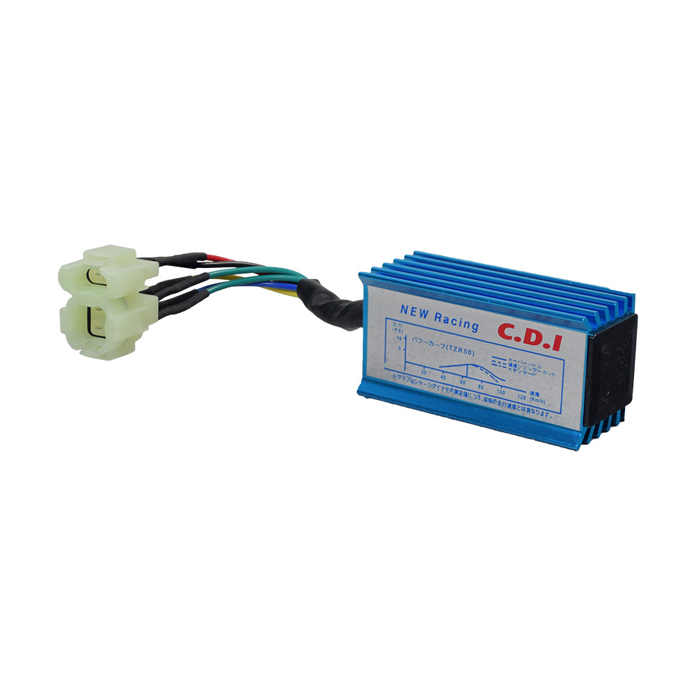 High Performance No Rev Limit CDI Module (Ignitor) for 125cc & 150cc Scooters (Version 1); features blue and white casing with visible colored wires and connectors, designed for easy plug and play installation.