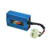 High Performance No Rev Limit CDI Module (Ignitor) for 125cc & 150cc Coolster Go-Karts (Version 2); close-up of blue electrical device with logo and wires.