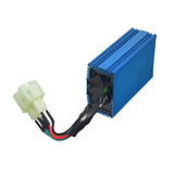 High Performance No Rev Limit CDI Module (Ignitor) for 125cc & 150cc Go-Karts (6-pin), showing blue electronic device with wires and a green indicator light, designed for enhanced acceleration.