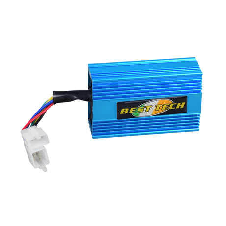 High Performance No Rev Limit CDI Module (Ignitor) for 150cc Go-Karts, featuring multiple colored wires and a visible logo, designed for enhancing acceleration and performance with easy plug-and-play installation.