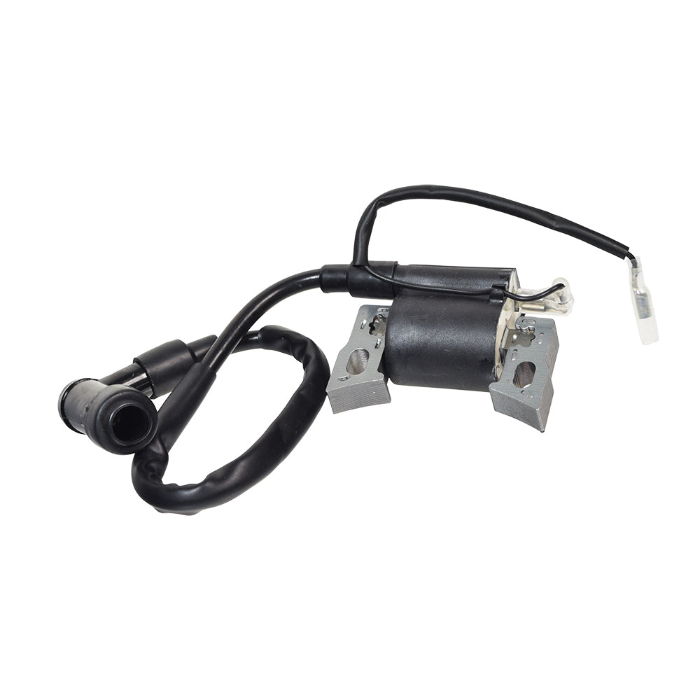 Ignition Coil for 97cc 2.8 Hp Engines shown as a close-up of a black electrical device with wires and a visible silver component, designed for Baja Motorsports mini bikes.