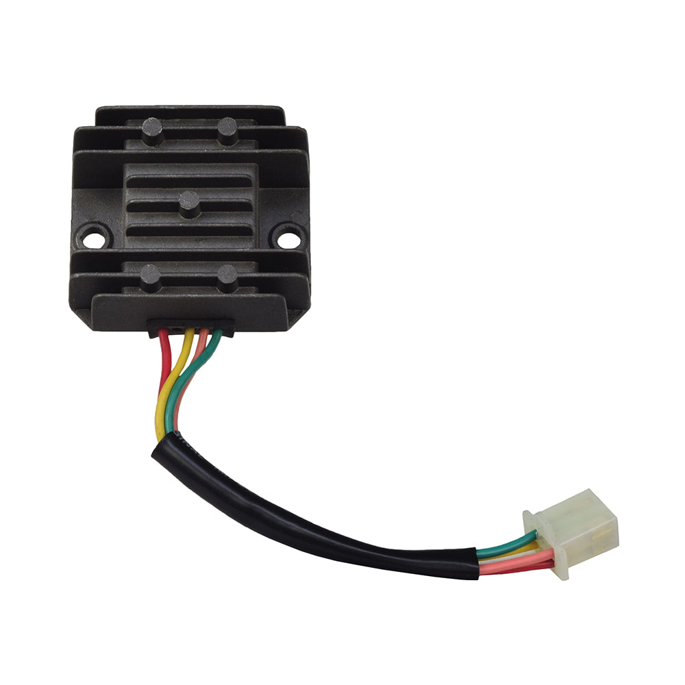 4-Pin/4-Wire Rectifier (Voltage Regulator) for 50cc - 250cc ATV, Dirt Bike, & Scooter Engines, featuring visible wires and connectors, designed for various engine sizes and requiring specific pin connectors for installation.