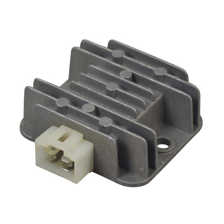 4-Pin Type L Rectifier (Voltage Regulator) featuring a grey metal body with a prominent white electrical connector. The close-up highlights the precise design of the connector essential for voltage regulation.