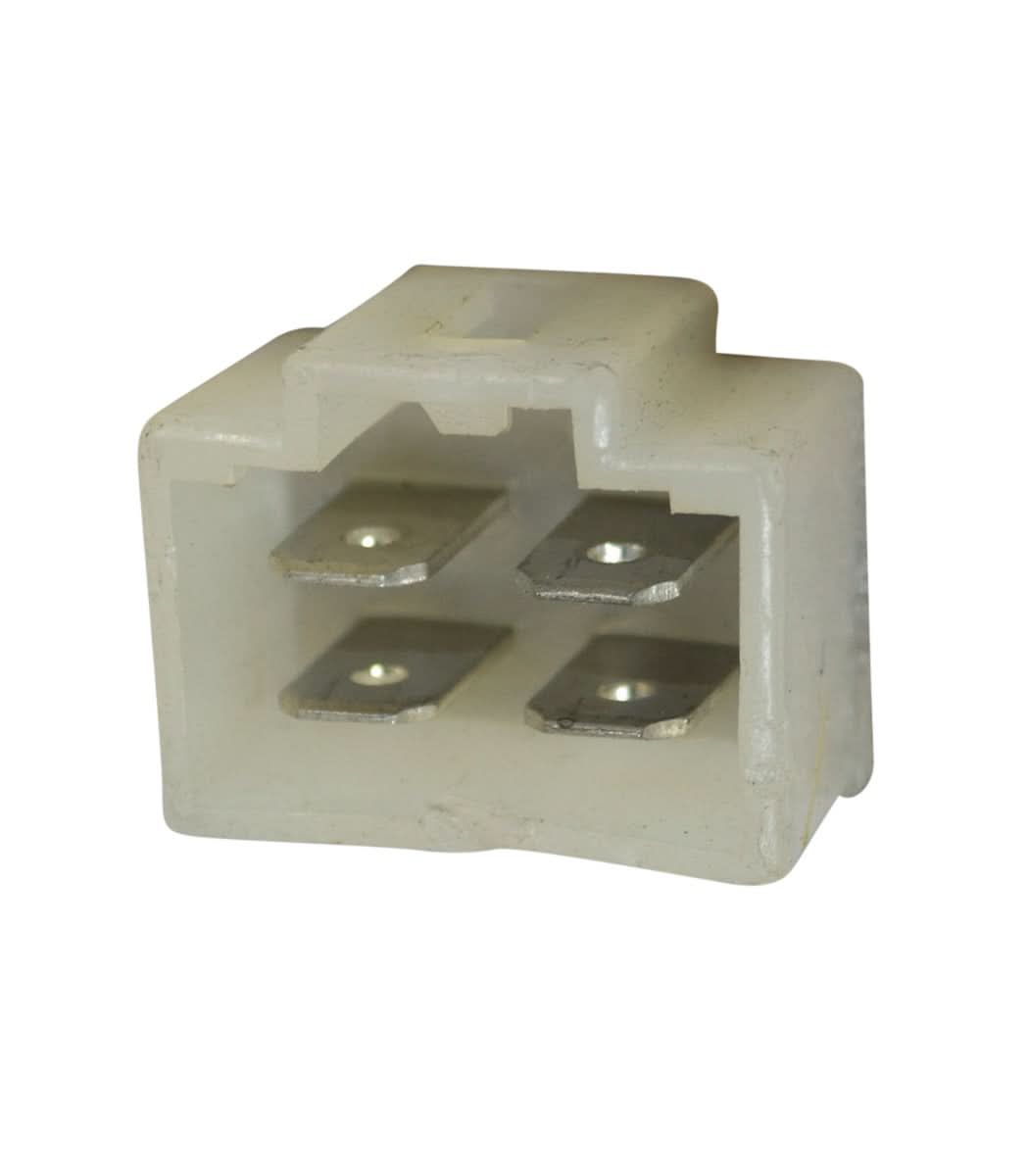 4-Pin Type L Rectifier (Voltage Regulator) showing white plastic casing with metal connectors and screws. Close-up views highlight the detailed construction of metal components and intricate assembly points.