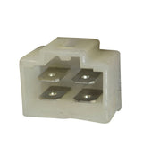 4-Pin Type L Rectifier (Voltage Regulator) showing white plastic casing with metal connectors and screws. Close-up views highlight the detailed construction of metal components and intricate assembly points.