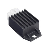 4-Pin Rectifier (Voltage Regulator) for 50cc-150cc ATV & Dirt Bike Engines, close-up showing black plastic and metal components, including a plastic connector and a white circular element on the black surface.