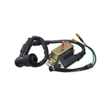 Ignition Coil for 50cc, 90cc, 110cc, 150cc, & 250cc ATV & Dirt Bike Engines, featuring a close-up of the black electrical device with attached spark plug wire and detailed wiring components.