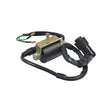 Ignition Coil for 50cc, 90cc, 110cc, 150cc, & 250cc ATV & Dirt Bike Engines; black device with wires and metal frame, featuring close-up of spark plug wire and cable connections.