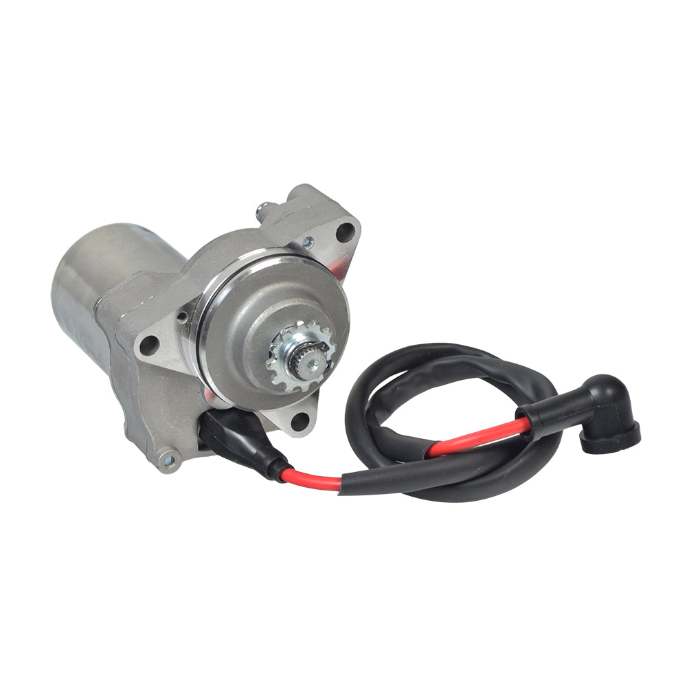 12 Volt Electric Starter Motor for 50cc - 150cc ATV & Dirt Bike Engines with 3 Mounting Holes, featuring a close-up of the silver motor with visible black wires and a black and red cable.