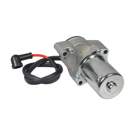 12 Volt Electric Starter Motor for 50cc - 150cc ATV & Dirt Bike Engines with 3 Mounting Holes, featuring a silver body and black components, shown in close-up with visible cables and connectors.