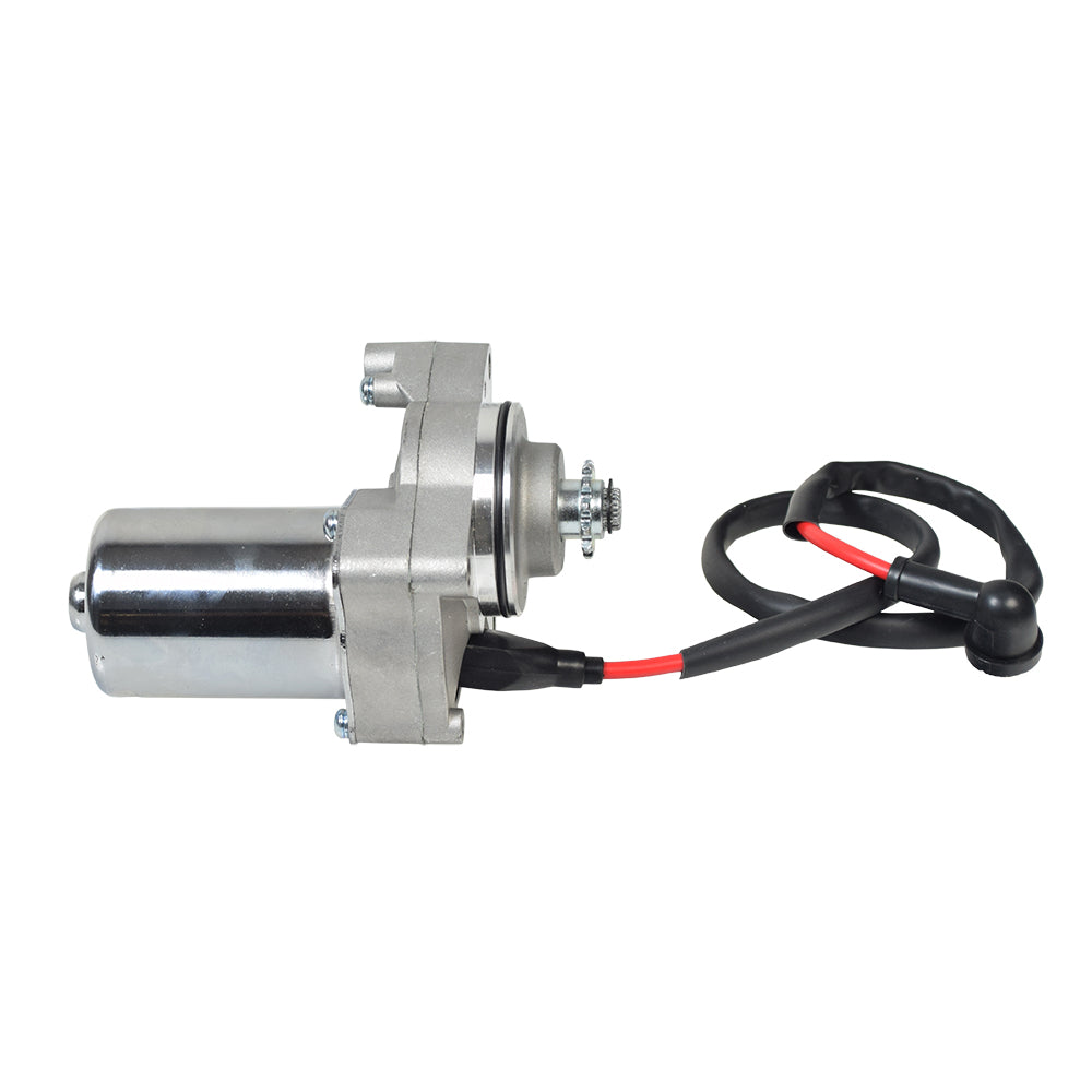 12 Volt Electric Starter Motor for 50cc - 150cc ATV & Dirt Bike Engines with 3 Mounting Holes, featuring a silver body, black wires, and visible cables.