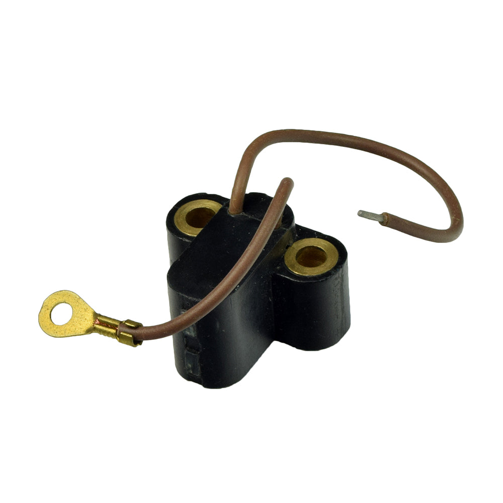 Internal Pickup Coil for Vespa VSE, a compact black and brown electrical device with a wire, essential for the ignition system, sensing flywheel position to signal the CDI for timing the spark.