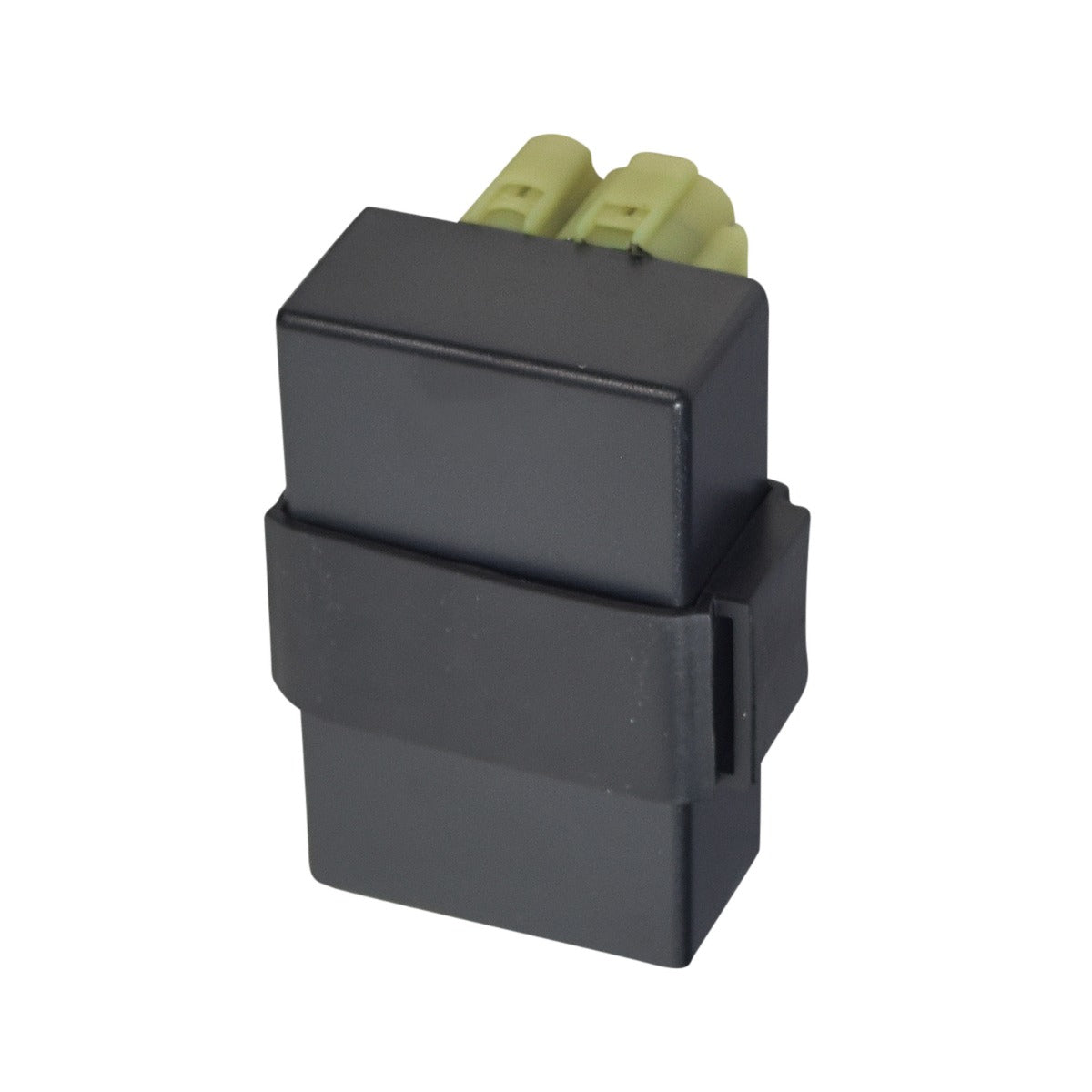 DC CDI Module for 125cc & 150cc Dirt Bikes with 6 Pin Rounded Connector, featuring a black rectangular case with green and yellow connectors.