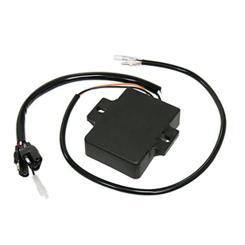 CDI Module for Polaris Indy XLT Snowmobiles (1993-1997), a black electronic device with attached wires and adapters, designed for easy installation using original mounting holes.