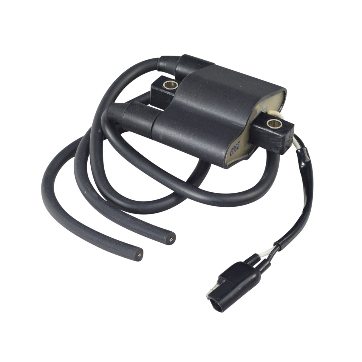 Ignition Coil for Polaris Indy Snowmobiles (1999-2009), featuring black electrical wires attached to a compact device, designed for reliable performance in extreme weather conditions.