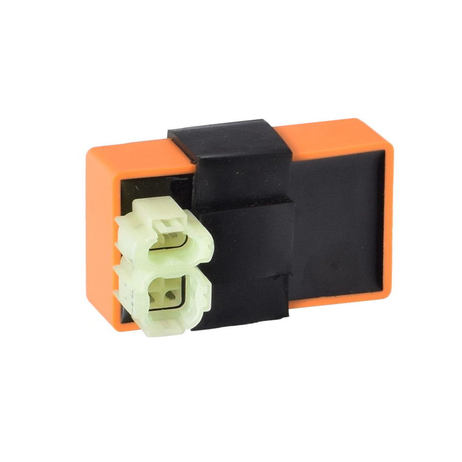 Orange and black AC High Performance CDI Module (Ignitor) for 50cc-150cc gas scooters and ATVs, featuring a 6-pin rounded connector, close-up view of electrical components.