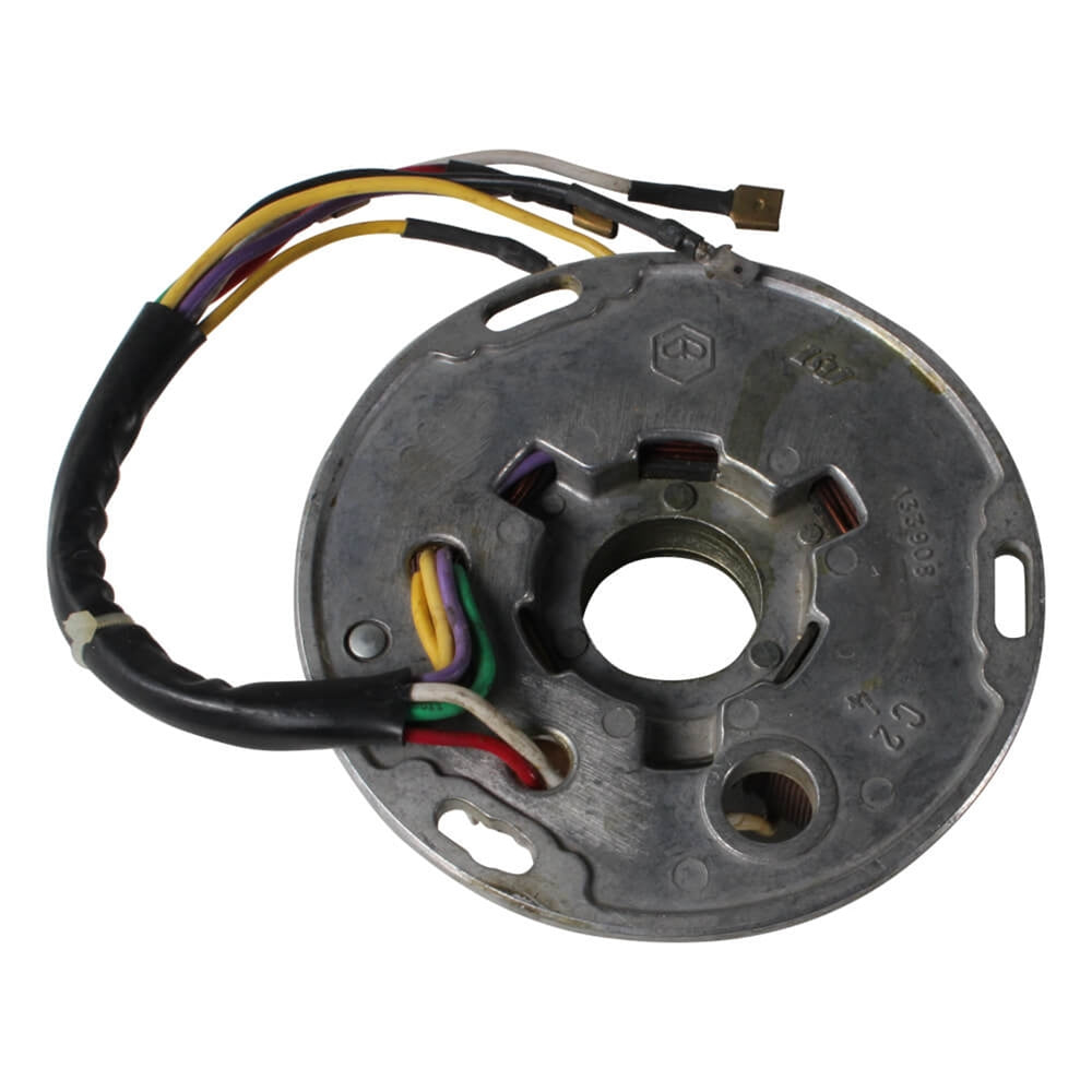 5 Coil Stator for '78 - '84 Vespa P/PX Series (VNX/VLX/VSX/T5), a round metal object with wires, designed to convert mechanical engine movement into electric power.