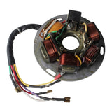 5 Coil Stator for '78 - '84 Vespa P/PX Series (VNX/VLX/VSX/T5), showcasing a circular metal component with visible copper coils and attached wires, essential for converting mechanical movement into electrical power.