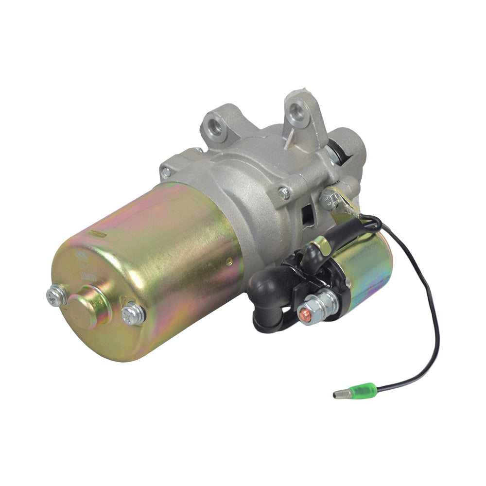 Electric Starter Motor with Solenoid for 6.5 HP 196cc Go-Kart & Mini Bike Engines, featuring a close-up of the silver and gold mechanical device with visible screws and motor components.