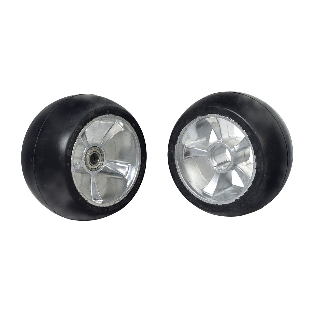 Solid Rear Wheels for Razor Ground Force Go Kart (Set of 2) featuring one black rubber wheel with a silver rim and a free-wheeling bearing, and another identical wheel with a 6900Z bearing.