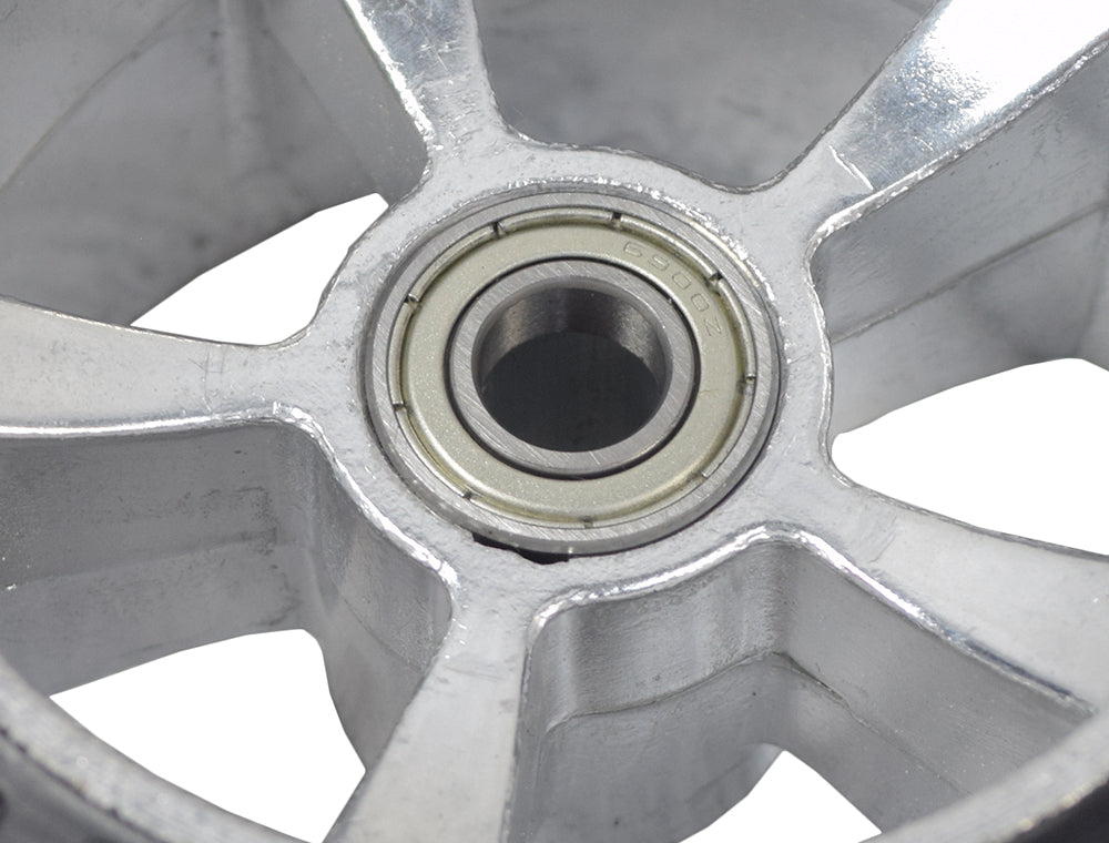 Close-up of Solid Rear Wheels for Razor Ground Force Go Kart (Set of 2), highlighting a metal bearing and circular design, one with a 6900Z bearing for free-wheeling functionality.