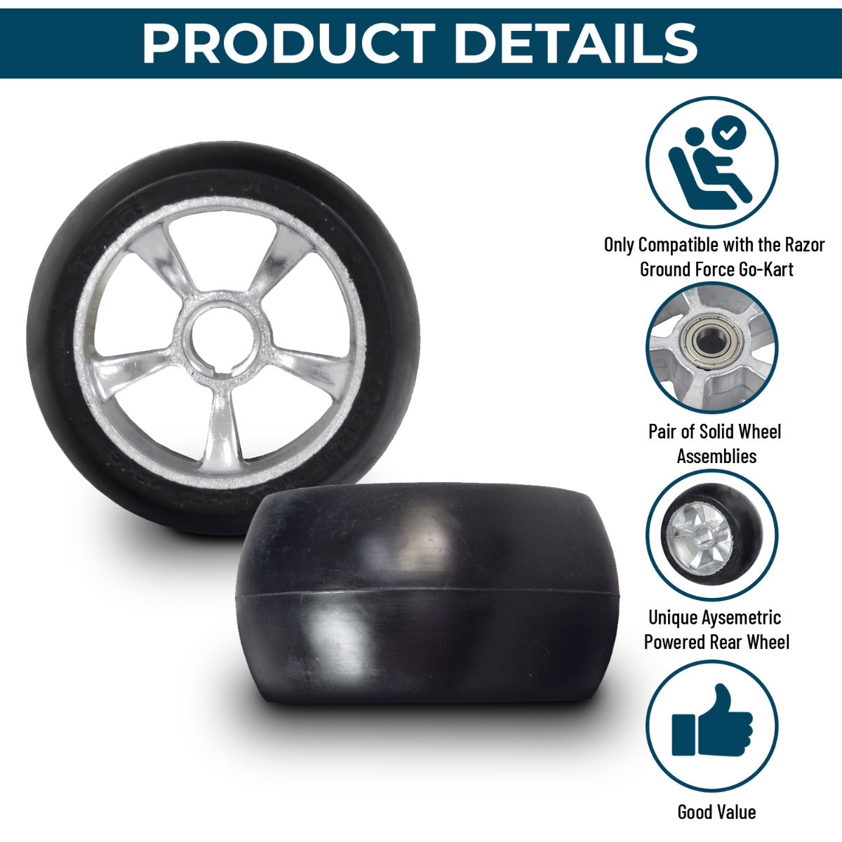 Solid Rear Wheels for Razor Ground Force Go Kart (Set of 2) – close-up showing one wheel with a 6900Z bearing and the other with a free-wheeling bearing, highlighting their distinct design.