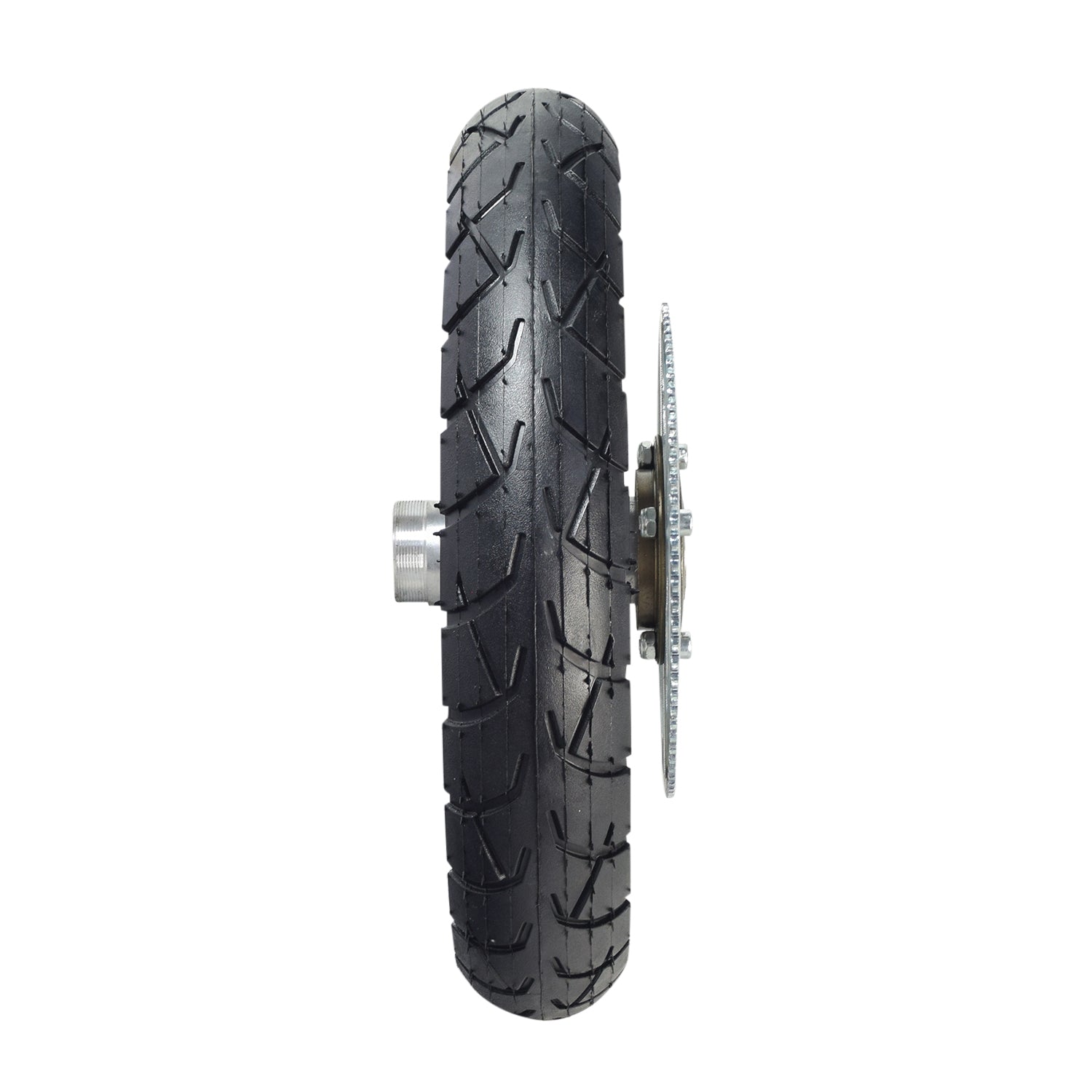 12-1/2x2-1/4 Complete Scooter Rear Wheel Assembly with curved spokes, featuring a black tire, silver disc, tread pattern, and integrated 80 tooth #25 chain sprocket.