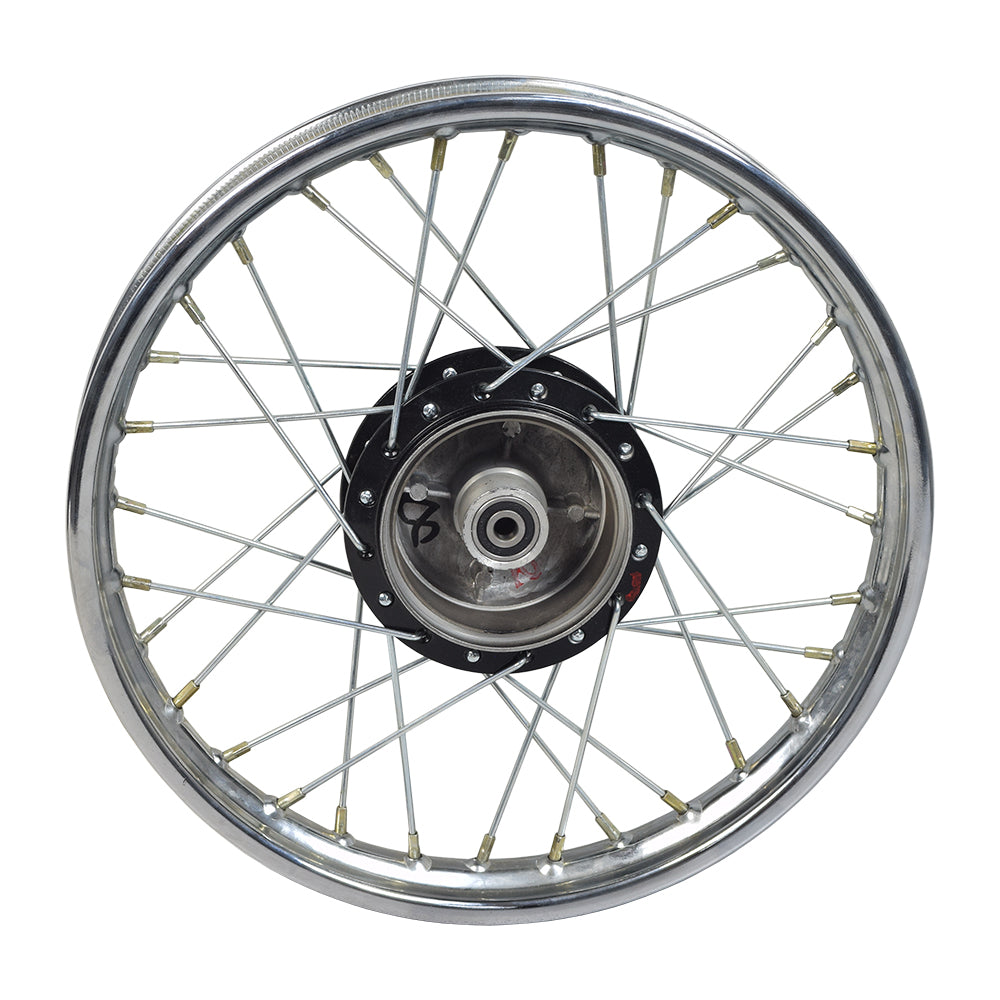 Close-up of a 1.4X14 front rim assembly with spokes for the Baja Dirt Runner DR50, highlighting the detailed structure of the wheel's rim and spokes.