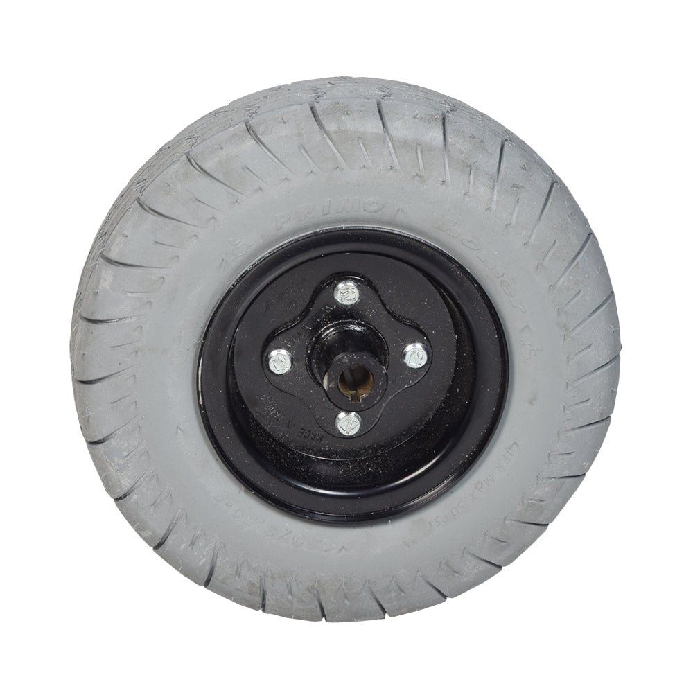 4.10x3.50-5 Drive Wheel Assembly for the Rascal 410 PC and 415 PC Power Chairs featuring a black split rim with visible bolts and non-marking gray rubber tire.