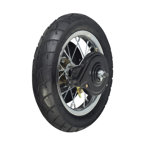 Rear Wheel Assembly with Wire Spoke Rim for the Razor Pocket Mod (Versions 13-30); features a 12-1/2 x 2-1/4 black tire, silver spokes, and integrated wheel bearings.