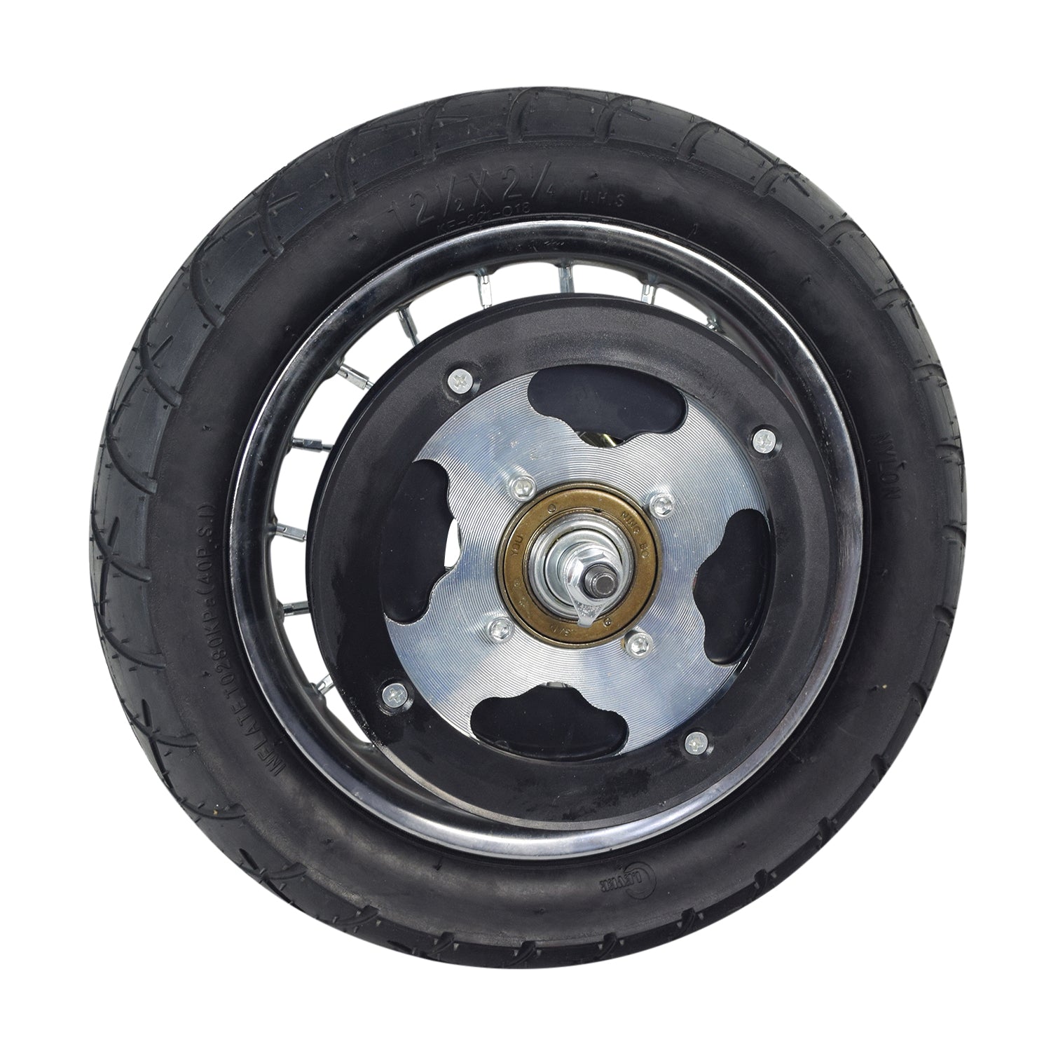 Rear Wheel Assembly with Wire Spoke Rim for the Razor Pocket Mod (Versions 31+), featuring a 12-1/2 x 2-1/4 black tire, silver rim, band brake, and wheel bearings.