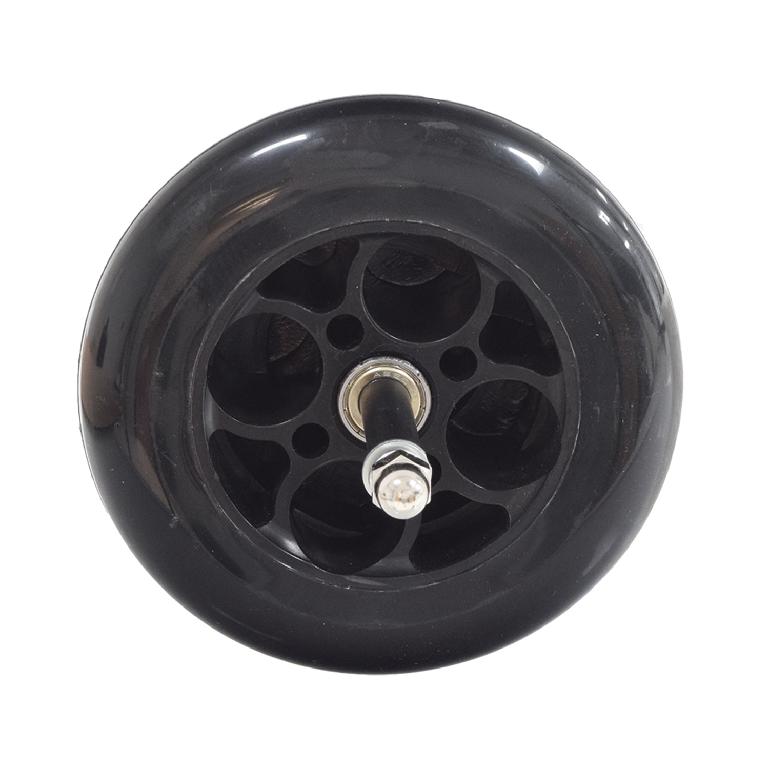 Chain Drive Rear Wheel Assembly for Electric Scooters, featuring a solid polyurethane tire on a rim with a metal screw, bolt, and integrated chain sprocket, ideal for various Razor and Dynacraft models.